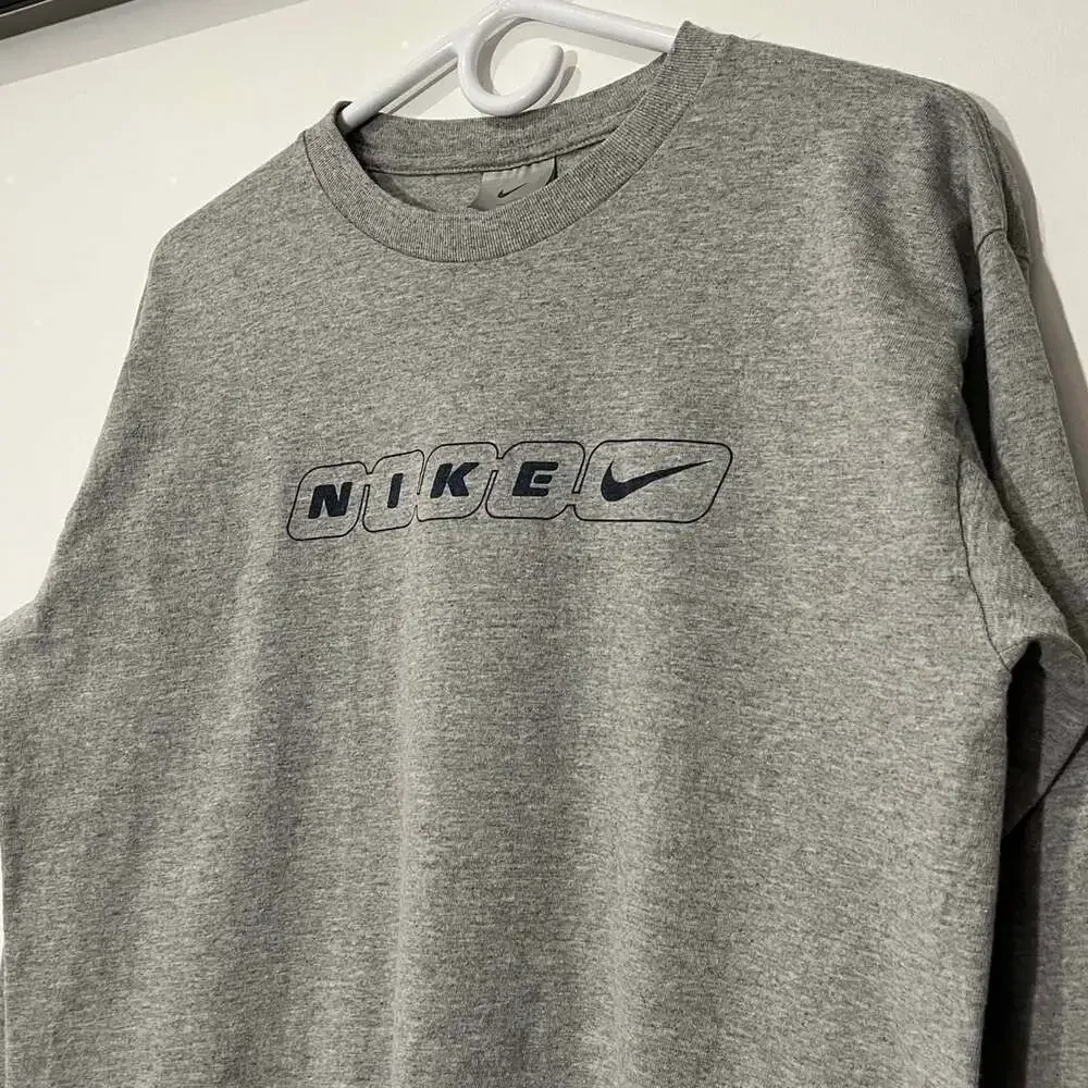 Vintage Nike Gray Long Sleeve T-Shirt Box Logo Size XL Wmn